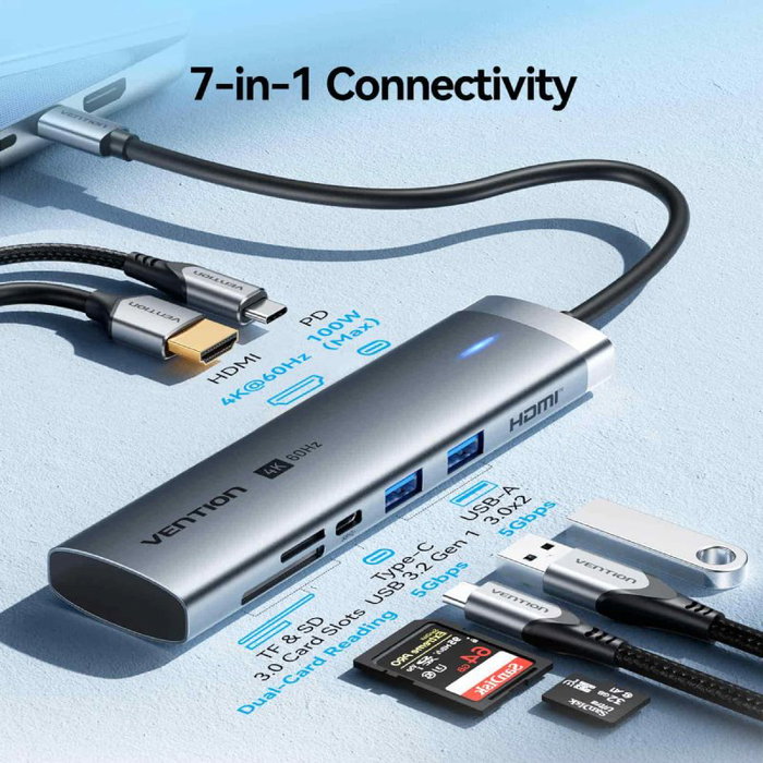 Vention TPSHB Docking Station USB-C 7 en 1 con HDMI 4K y Lector de Tarjetas, Gris